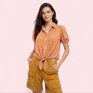 Free People Celia Blouse – Burnt Orange Tie-Hem | Boho Chic Size S NWT